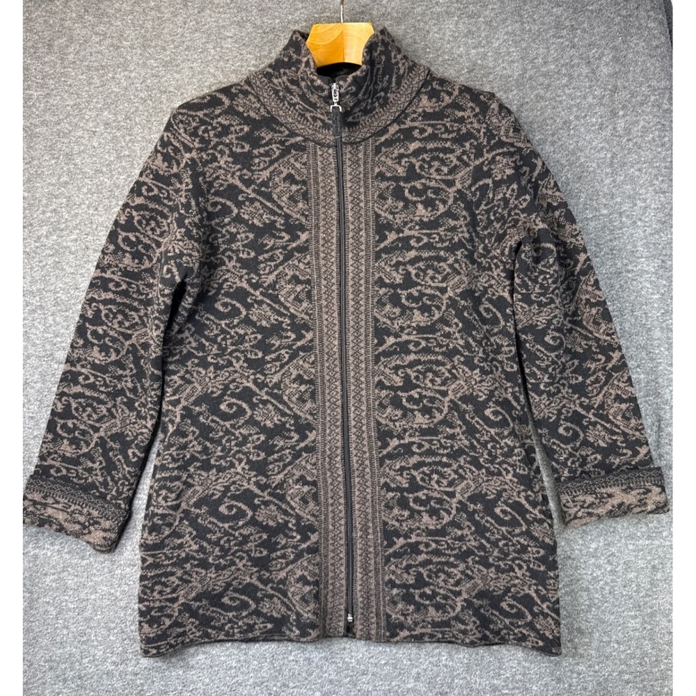 A.IDA Italy Wool Blend Full Zip Damask Cardigan Luxury Sweater Women Size L Aida